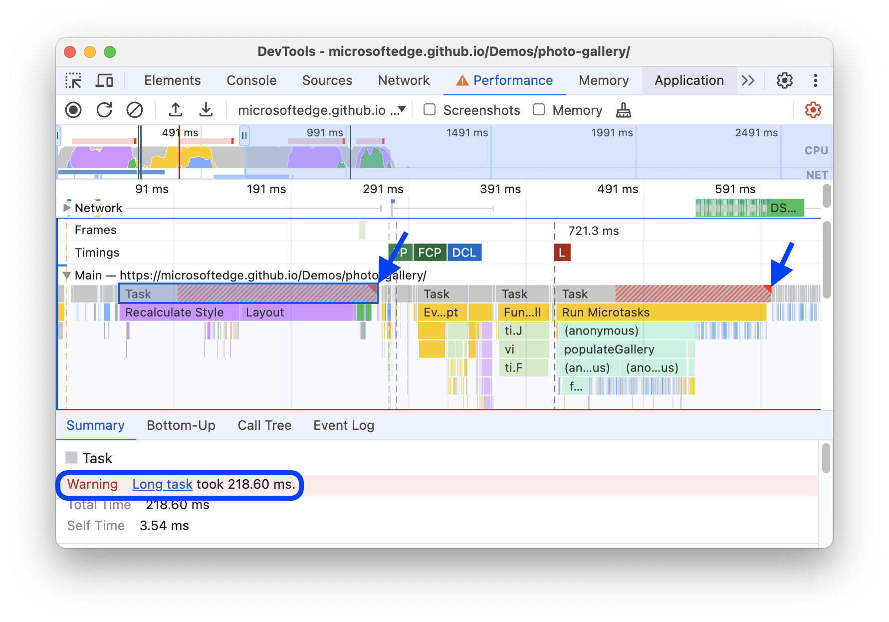 Eine lange Aufgabe, die auf dem Tab „Zusammenfassung“ mit einem roten Dreieck und einer Warnung gekennzeichnet ist.