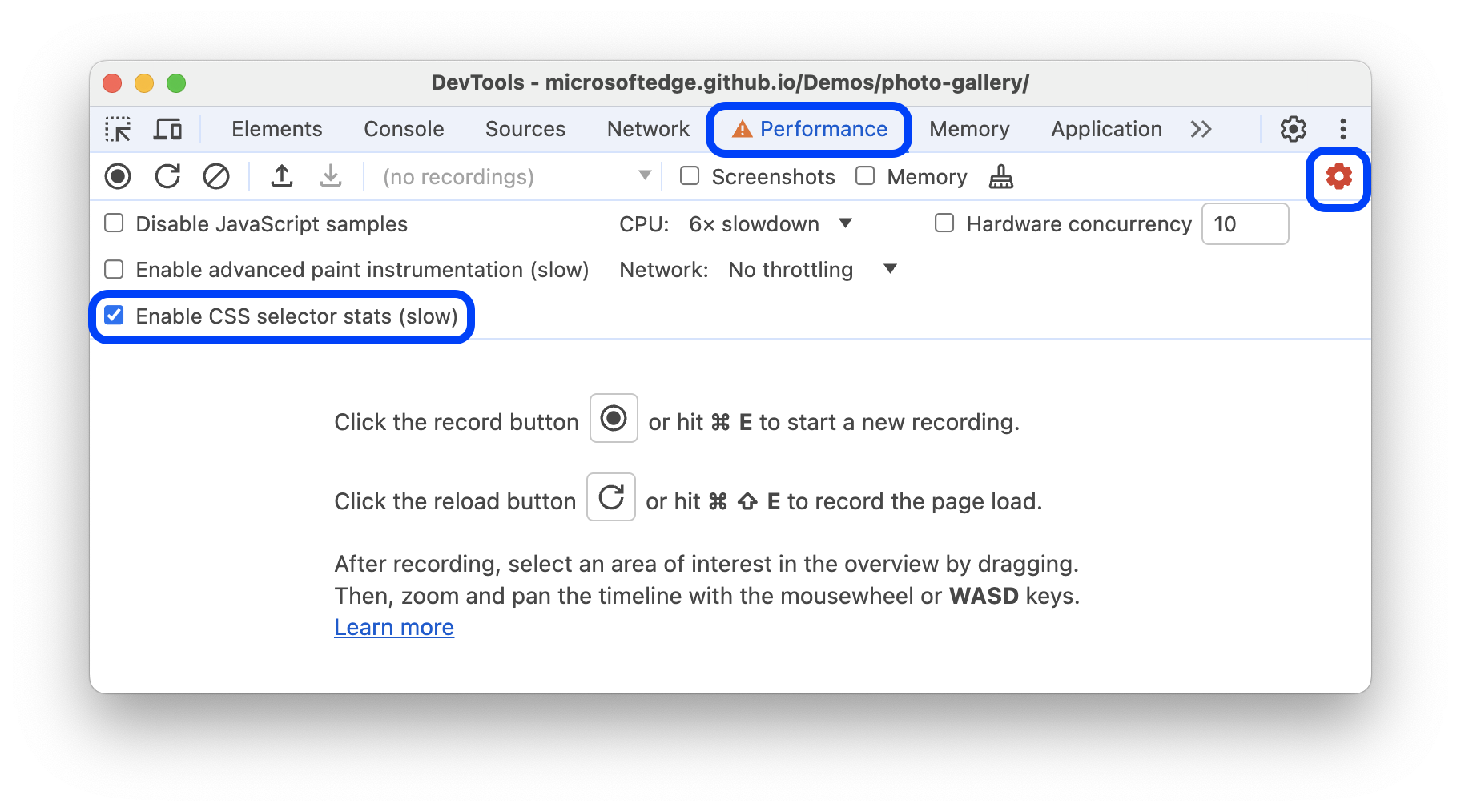 Checked 'Enable CSS selector stats' setting.