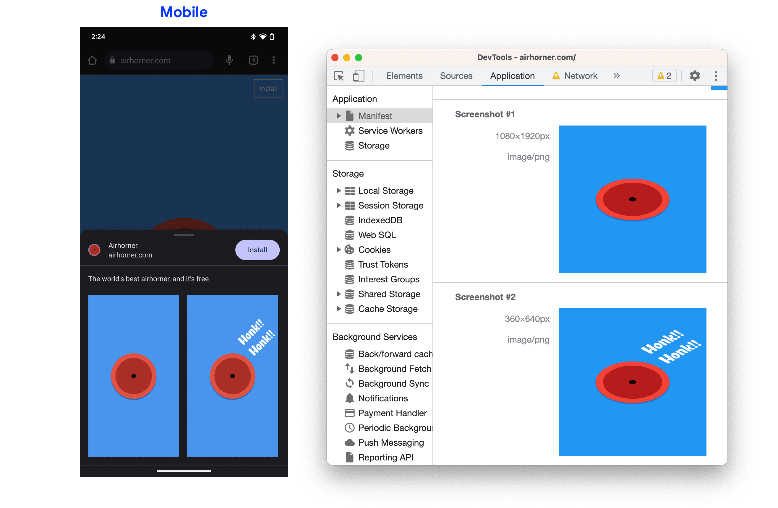 La finestra di dialogo di installazione e gli screenshot nella scheda Manifest.