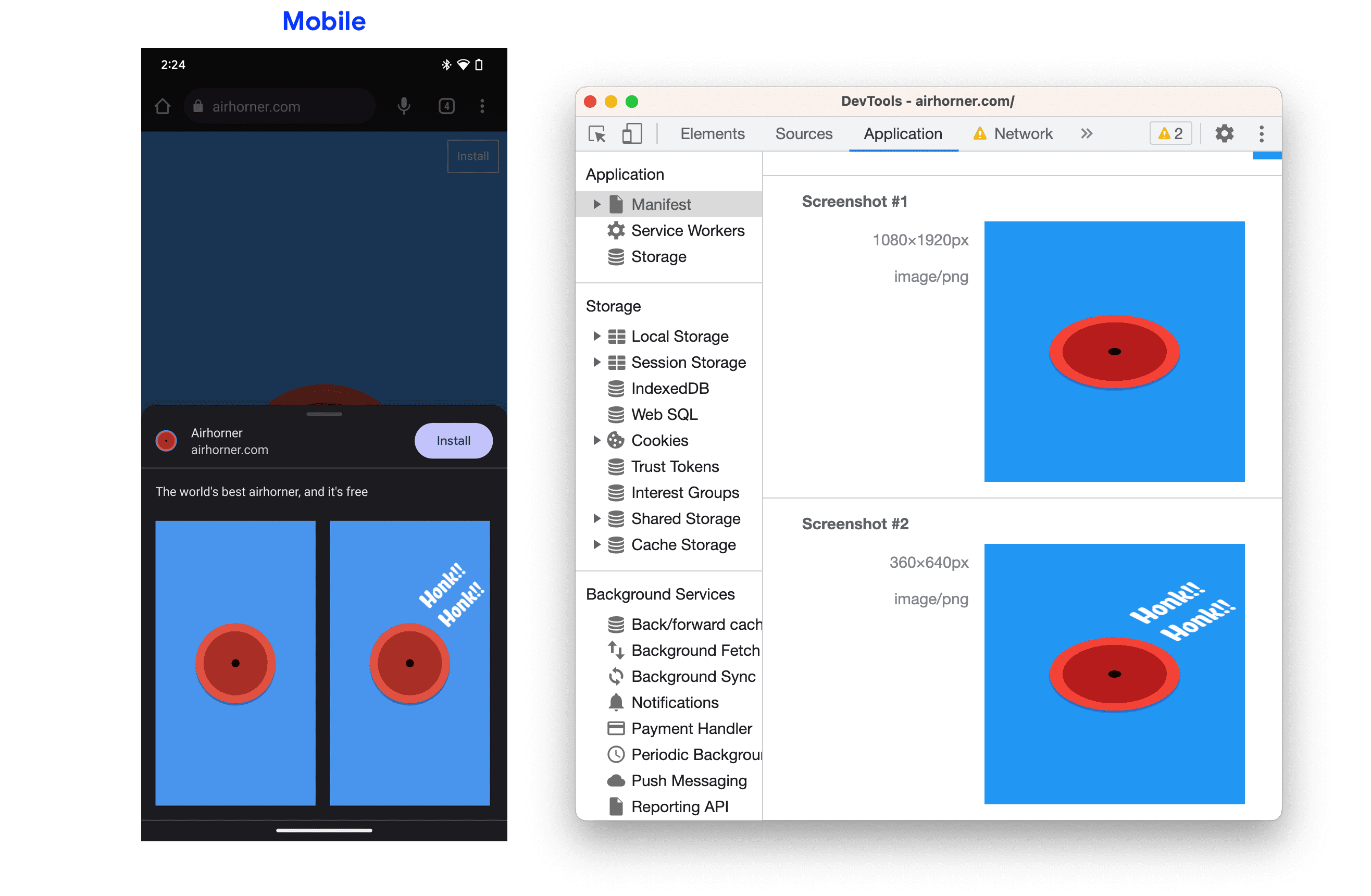 インストール ダイアログと [マニフェスト] タブのスクリーンショット。