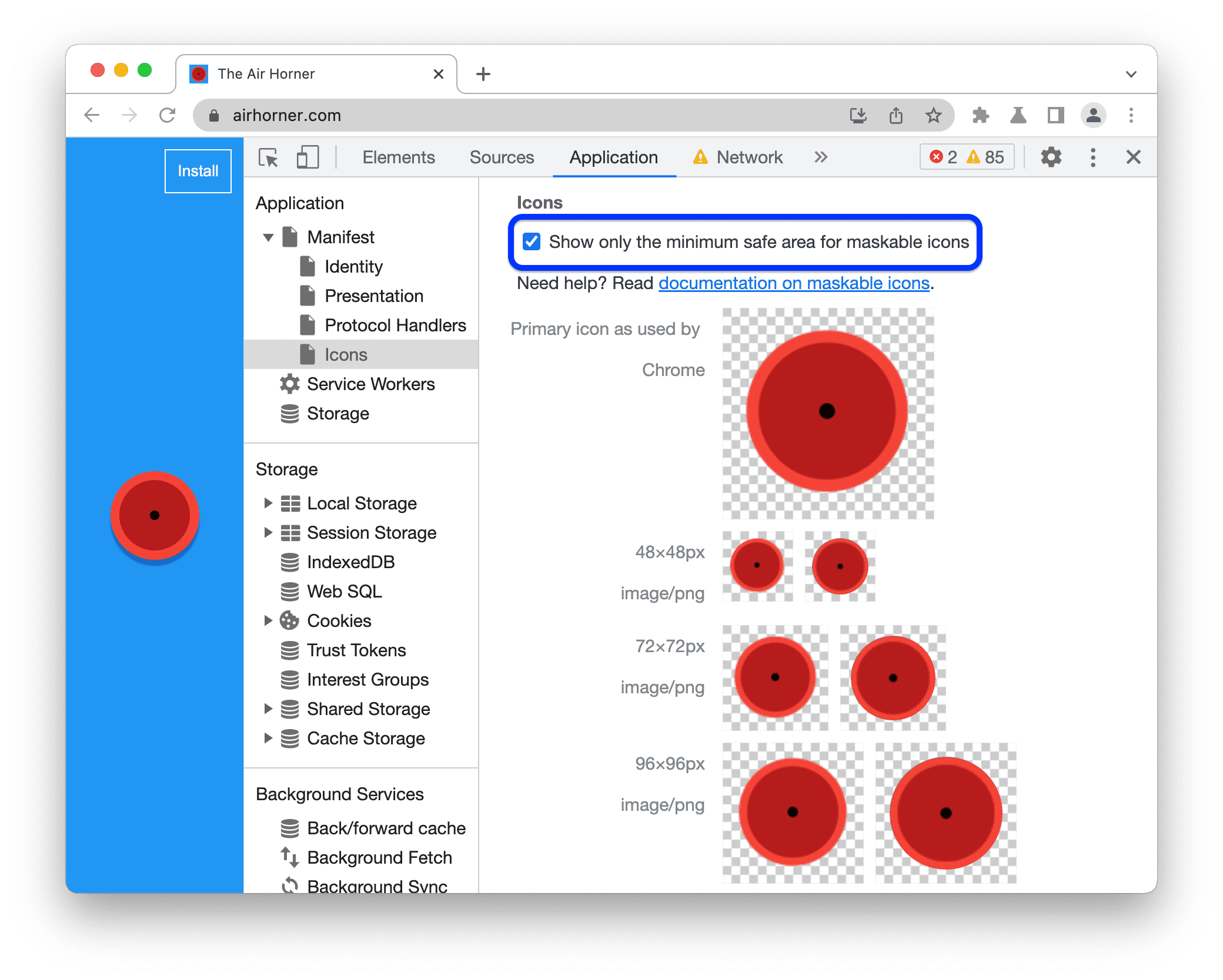 Visualizzazione delle aree di sicurezza minime per le icone mascherabili.