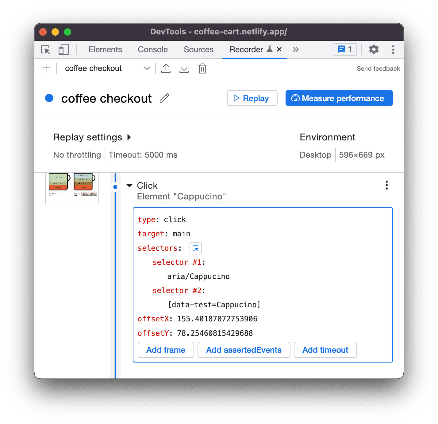 In het recorderpaneel is het Cappuccino-element uitgebreid om type, doel, selectors, offset X en offset Y weer te geven.