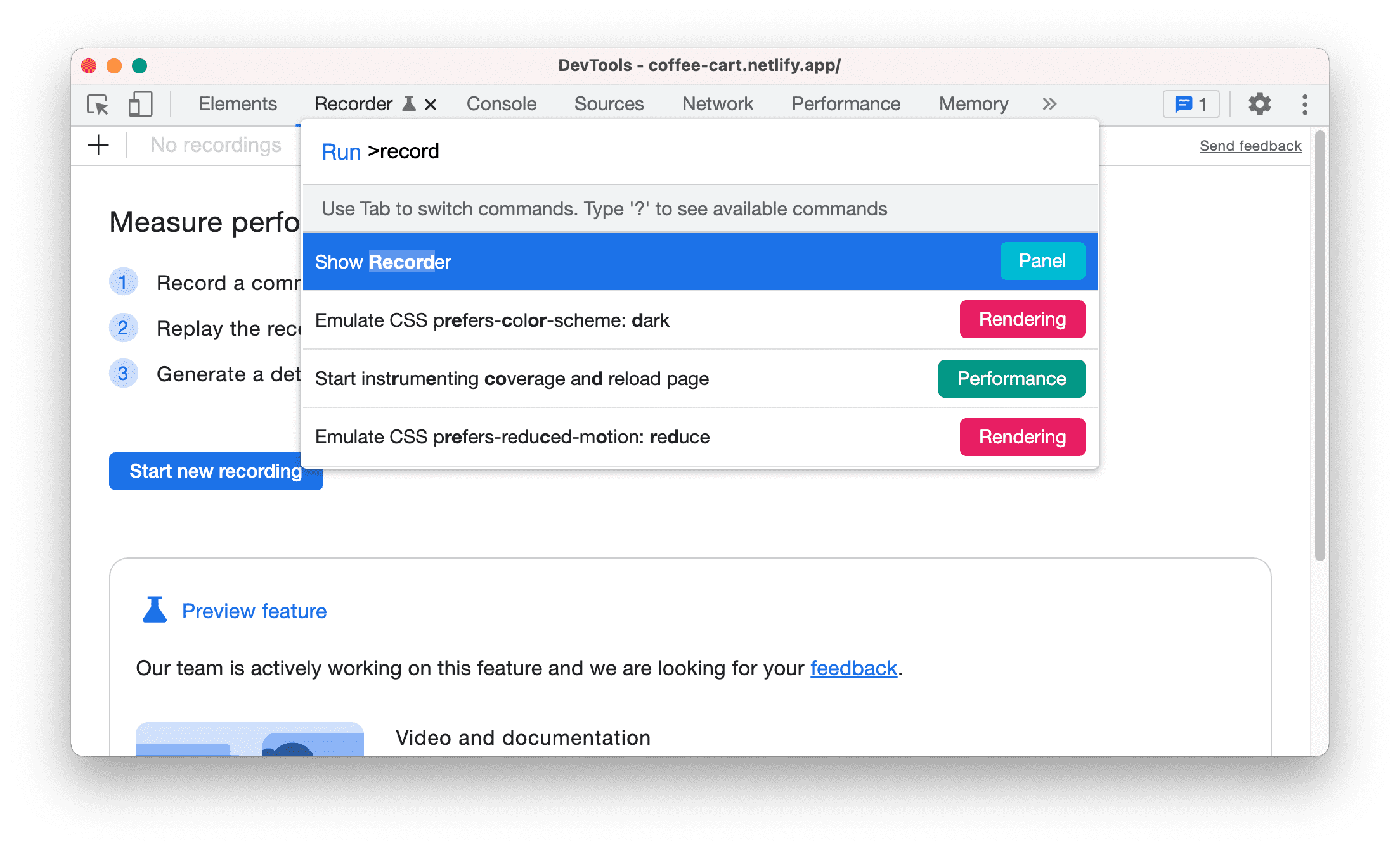 コマンド メニューに Recorder コマンドを表示します。