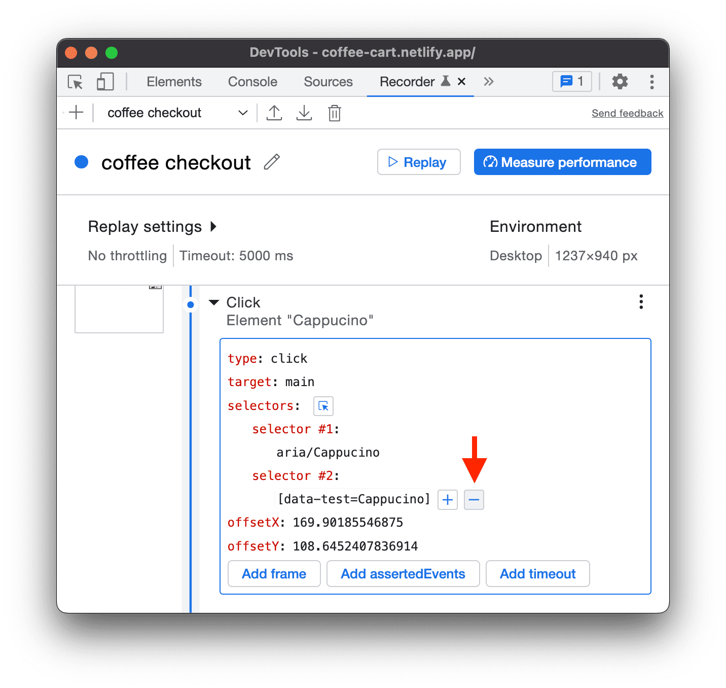 На панели средства записи DevTools отображается возможность удалить селектор.