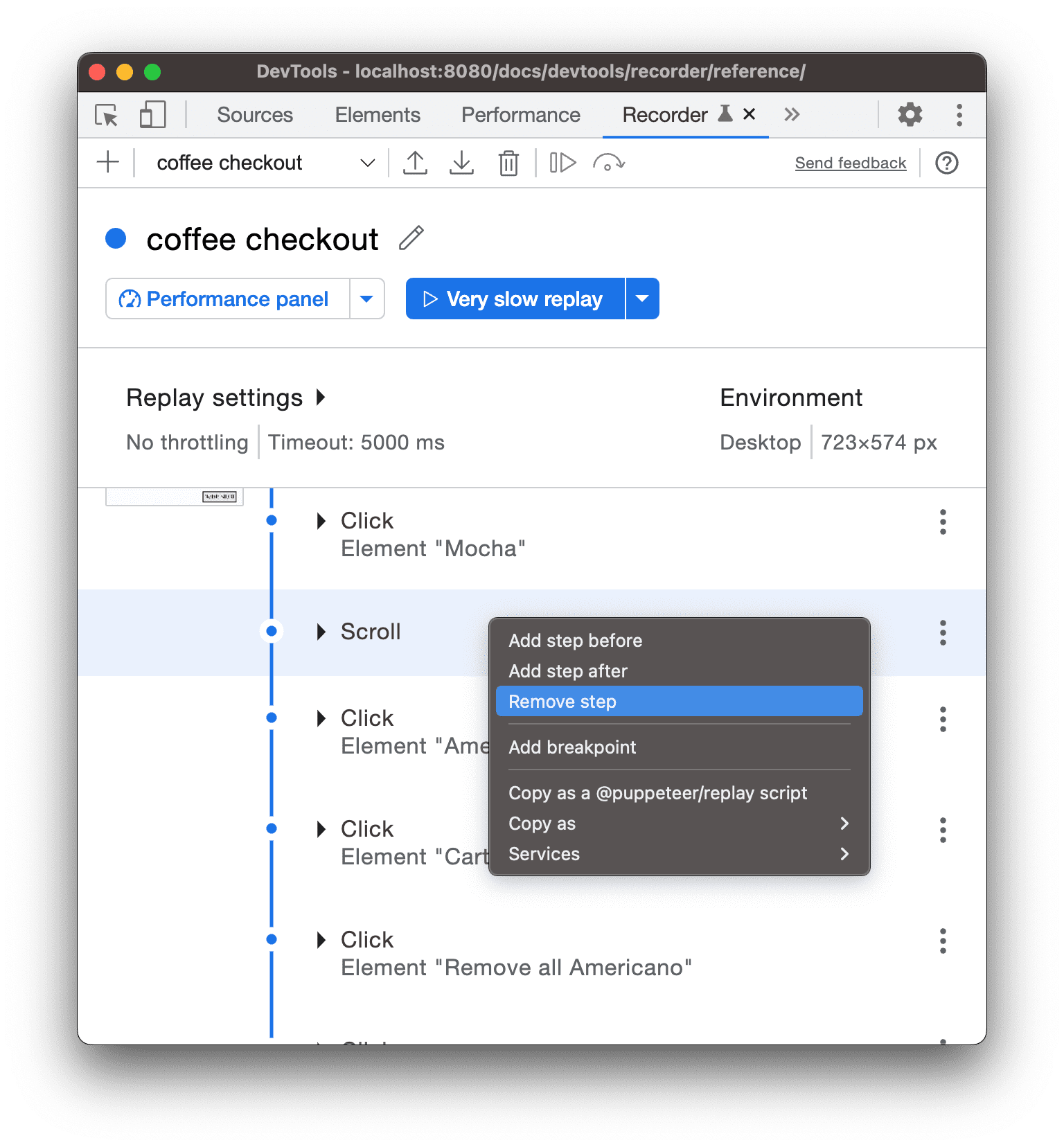 Das Drop-down-Menü eines Schritts mit den Optionen zum Entfernen und Hinzufügen eines Schritts davor oder danach.