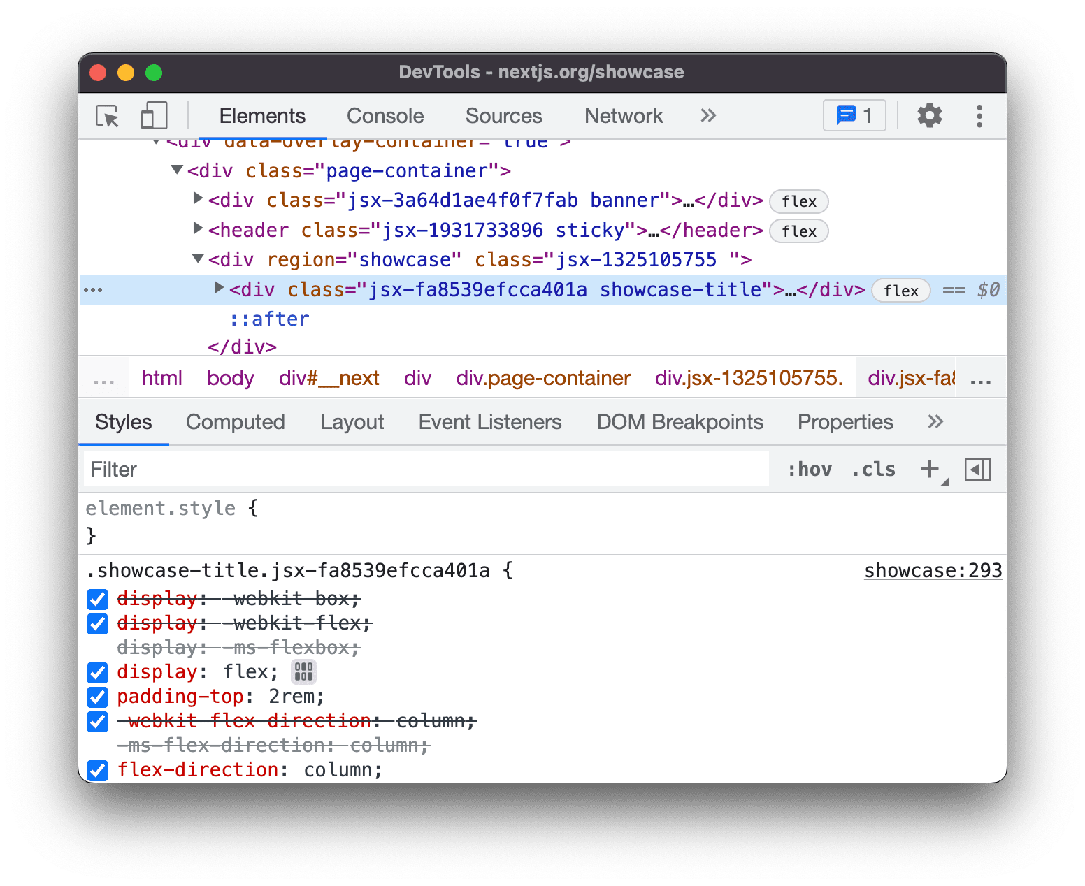 Clases CSS generadas automáticamente con nombres aleatorios.