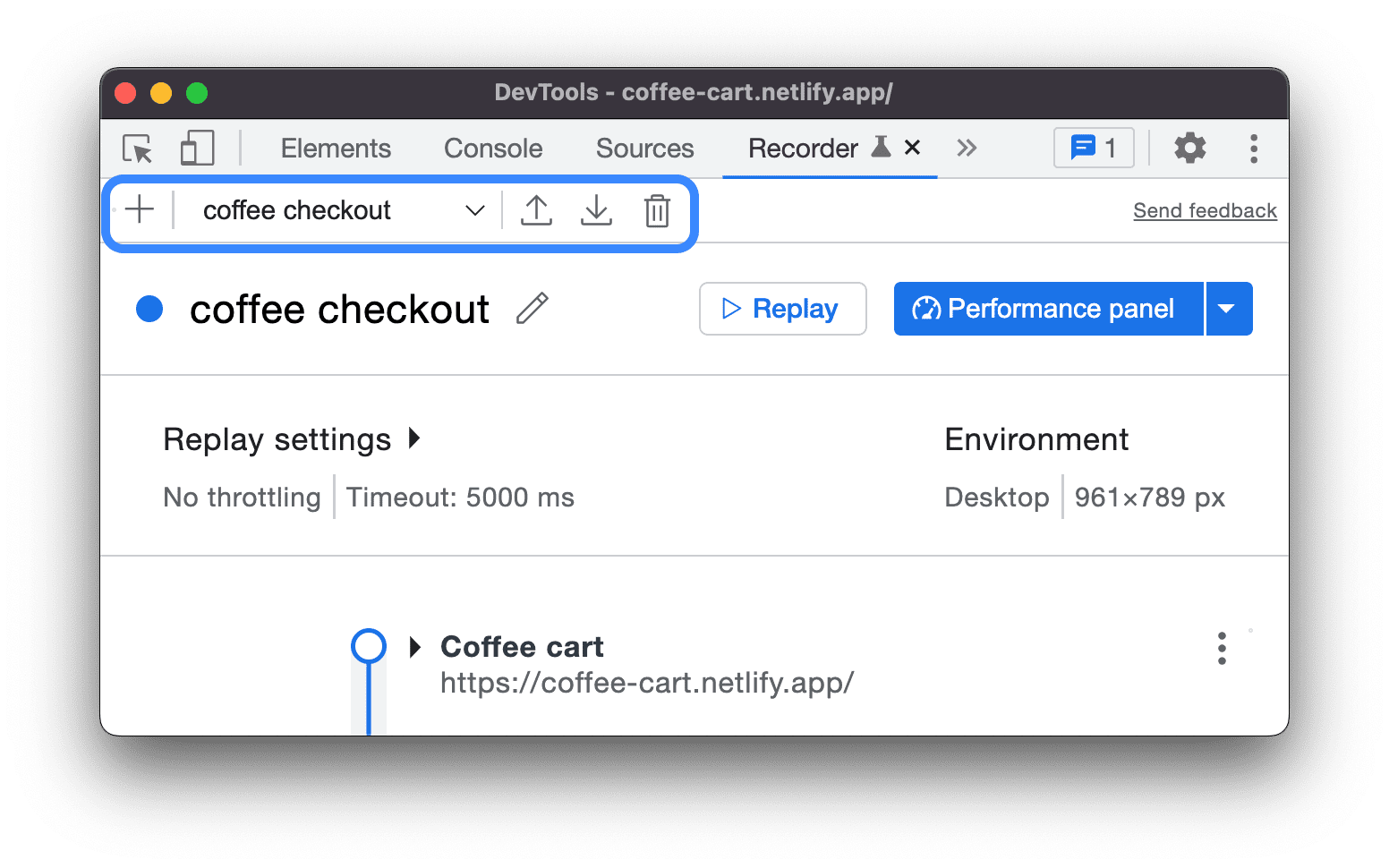El panel Grabadora de Herramientas para desarrolladores tiene un menú desplegable en el encabezado que te permite seleccionar un flujo de usuarios para editar.