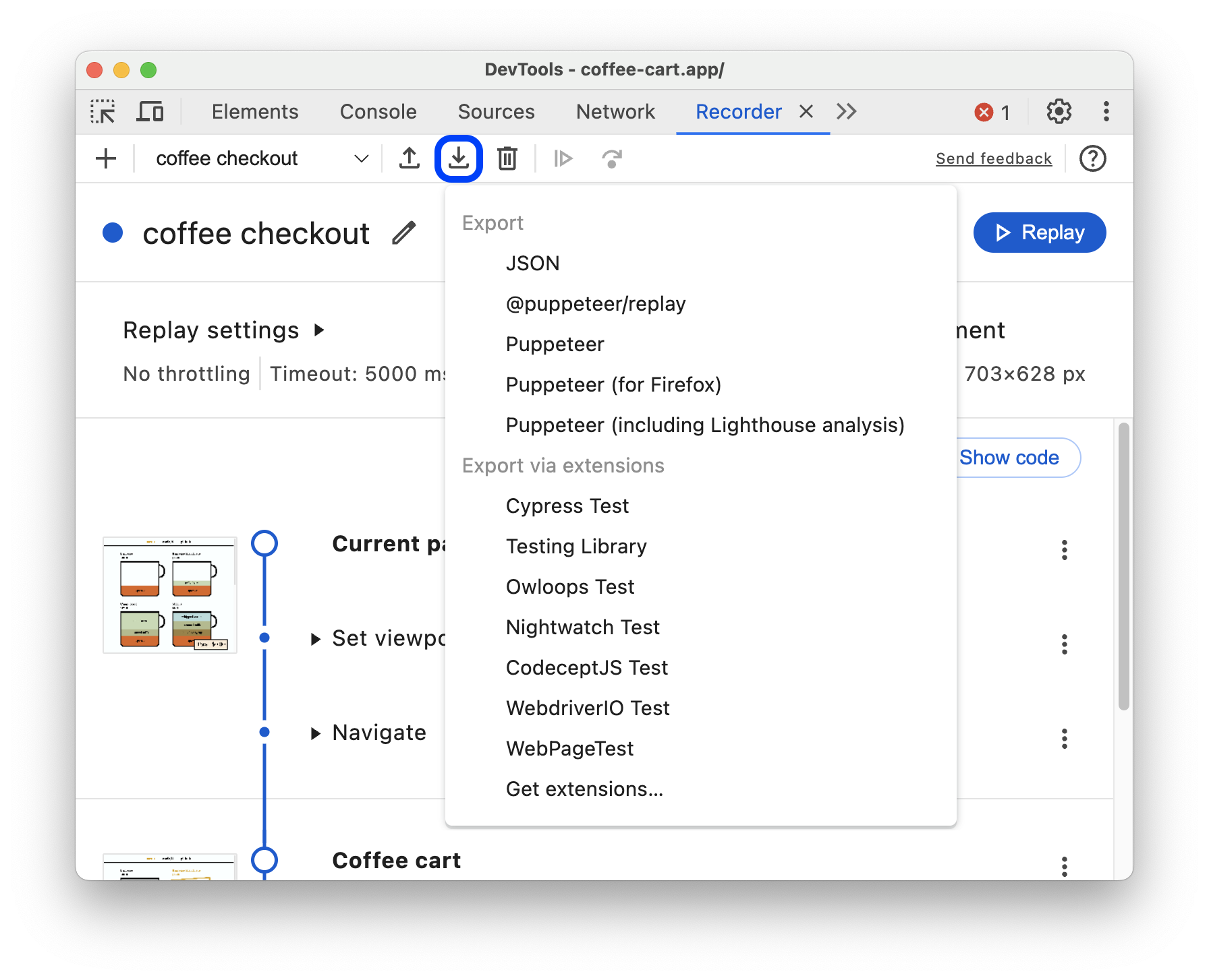 A list of format options in the Export menu.