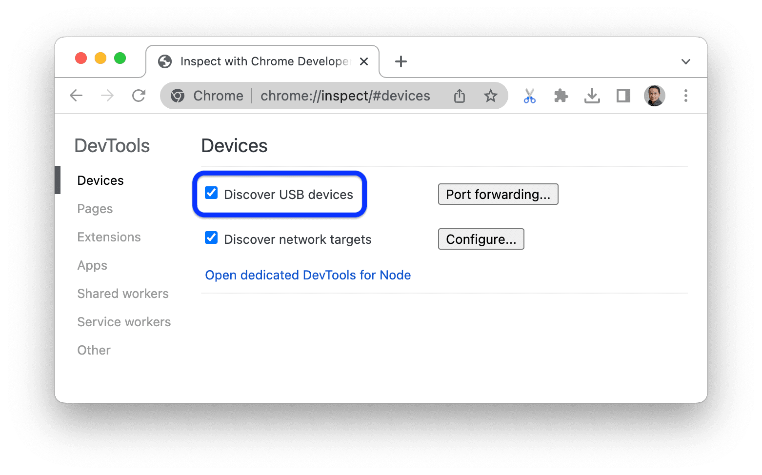 La casilla de verificación Detectar dispositivos USB está habilitada.