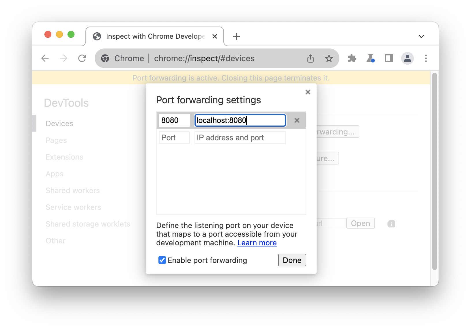 The port forwarding settings.