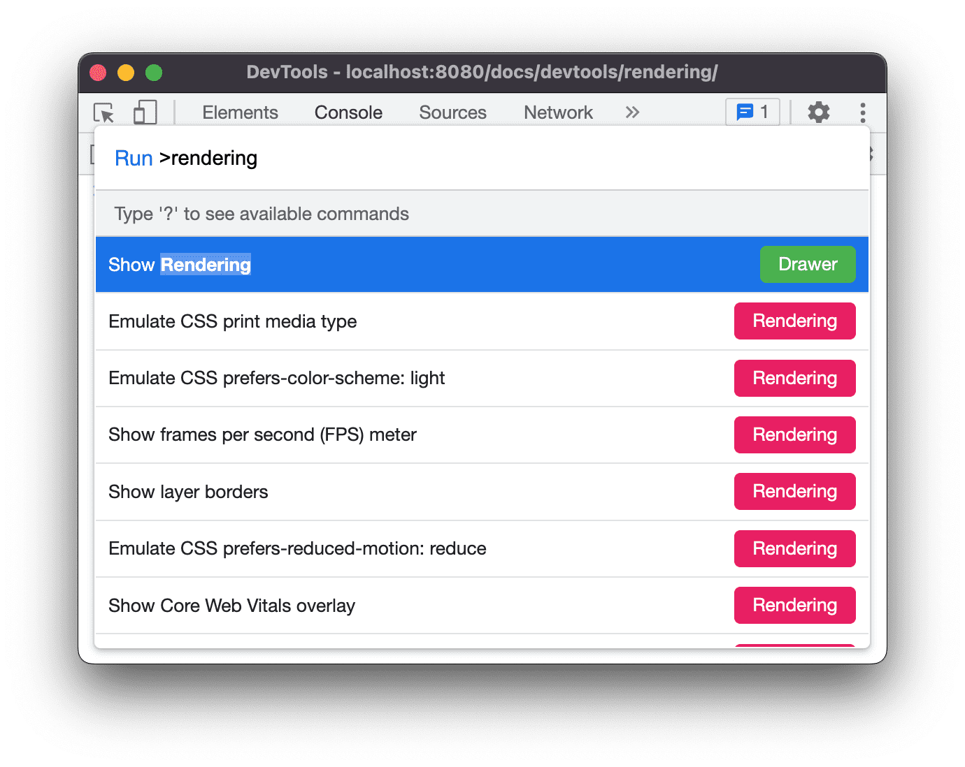 Menu de commandes, Rendu