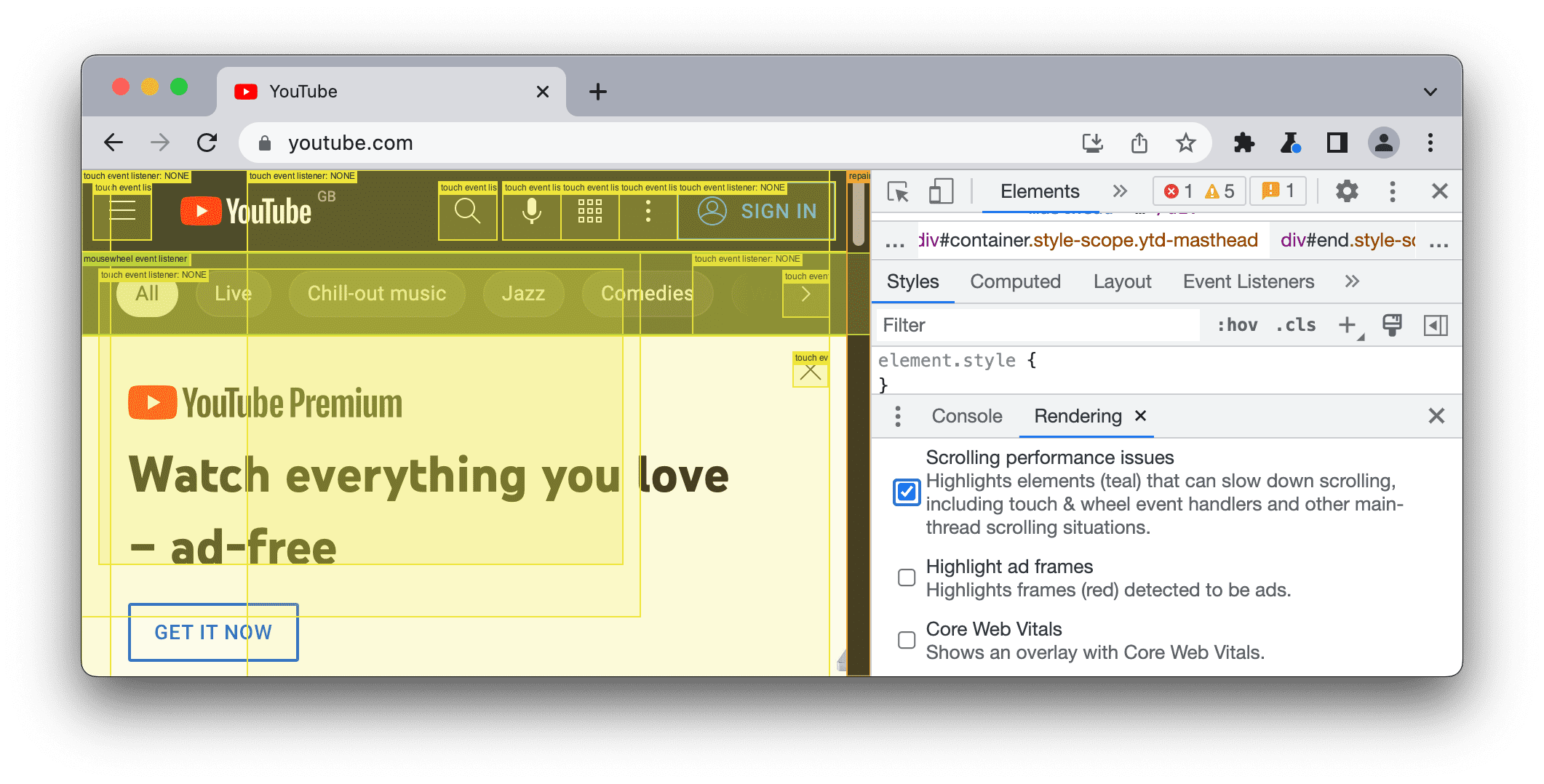 &quot;Problèmes de performances du défilement&quot; indique qu&#39;il existe plusieurs écouteurs d&#39;événements susceptibles de nuire aux performances du défilement.