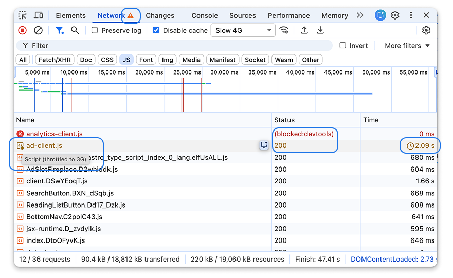 Network panel in DevTools showing blocked and throttled requests indicators.
