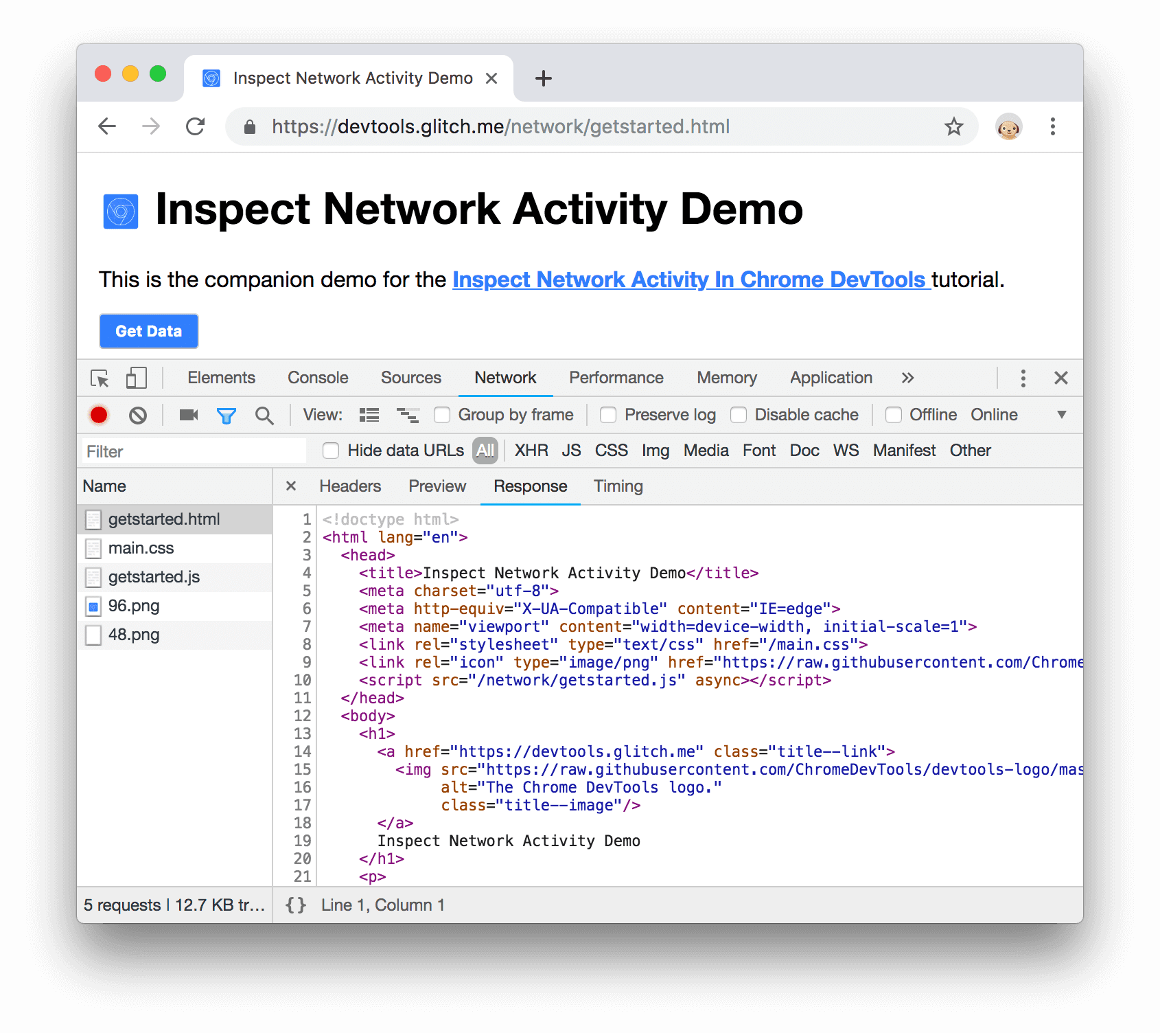 Como inspecionar um recurso no painel Network