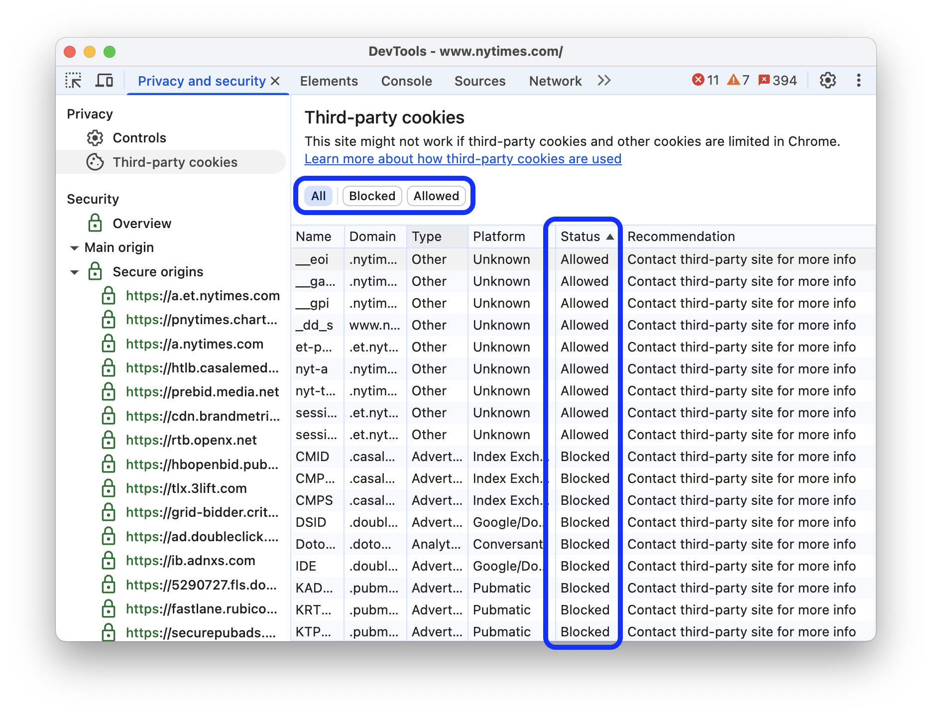 許可されているサードパーティ Cookie とブロックされているサードパーティ Cookie を一覧表示する表。