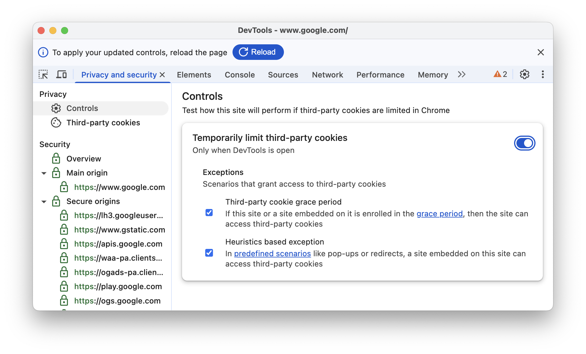 Limiter temporairement les cookies tiers avec les deux exceptions activées