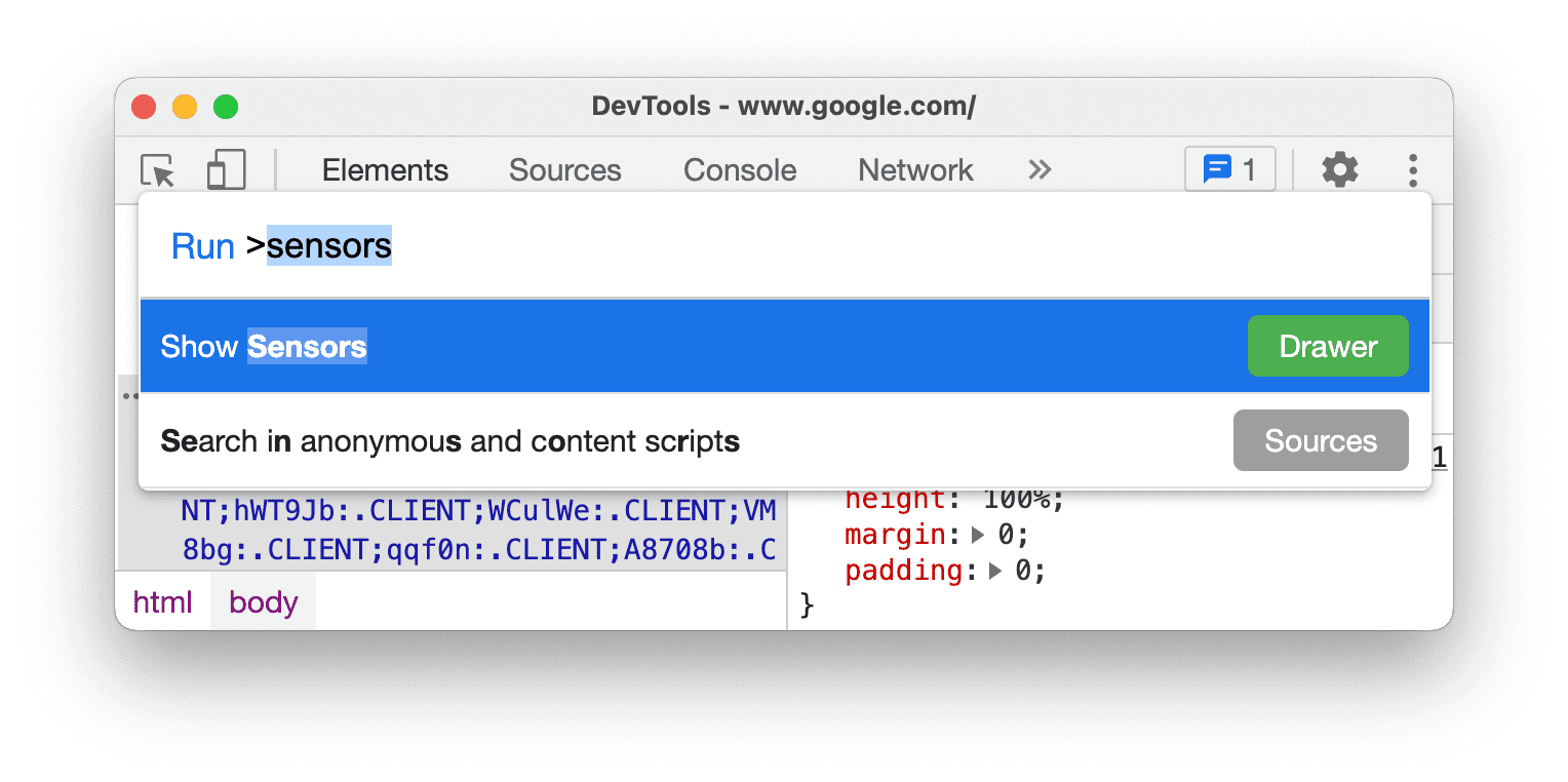 Usando o Command Menu para abrir o painel de sensores.