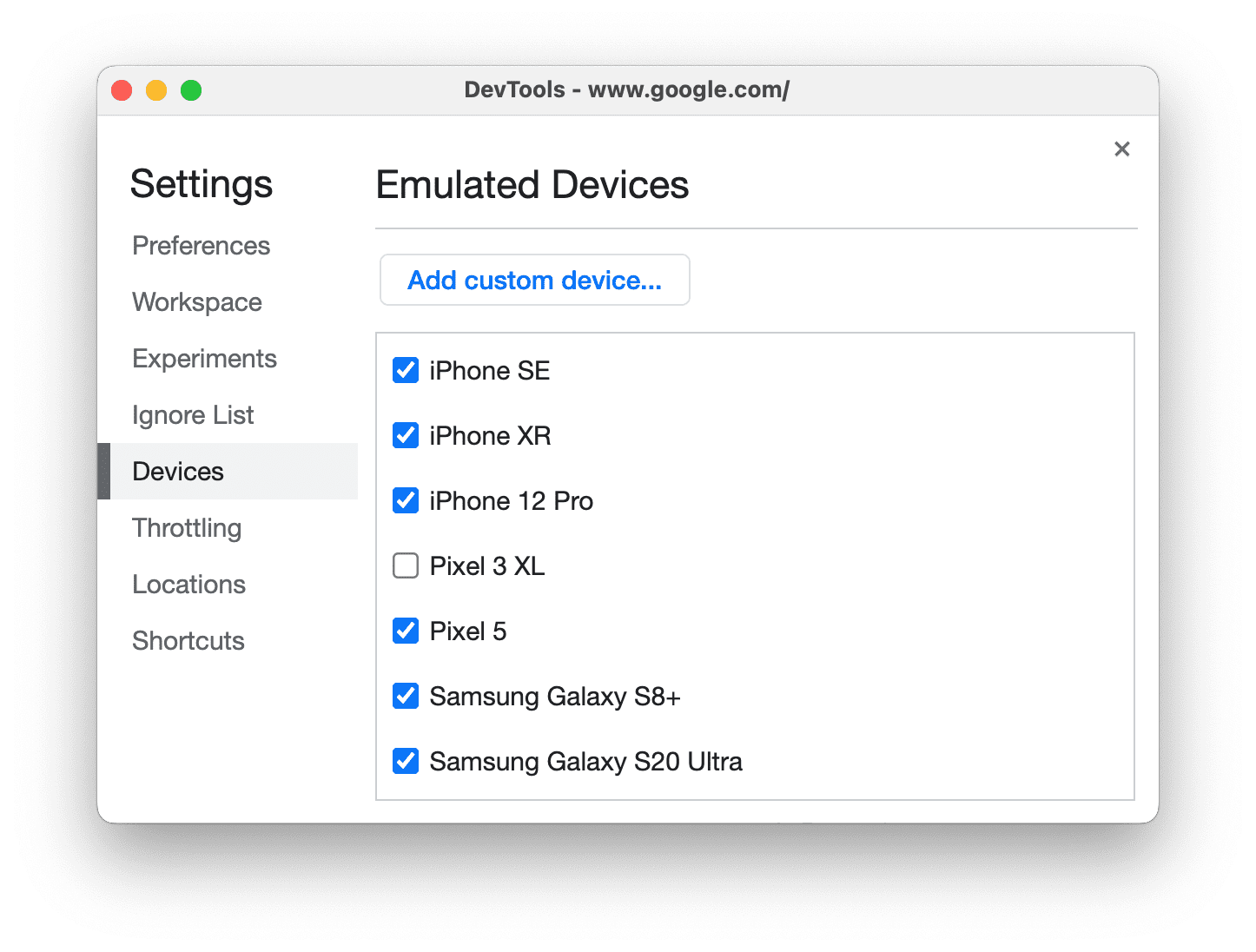 Una lista de los dispositivos habilitados en la pestaña Dispositivos.