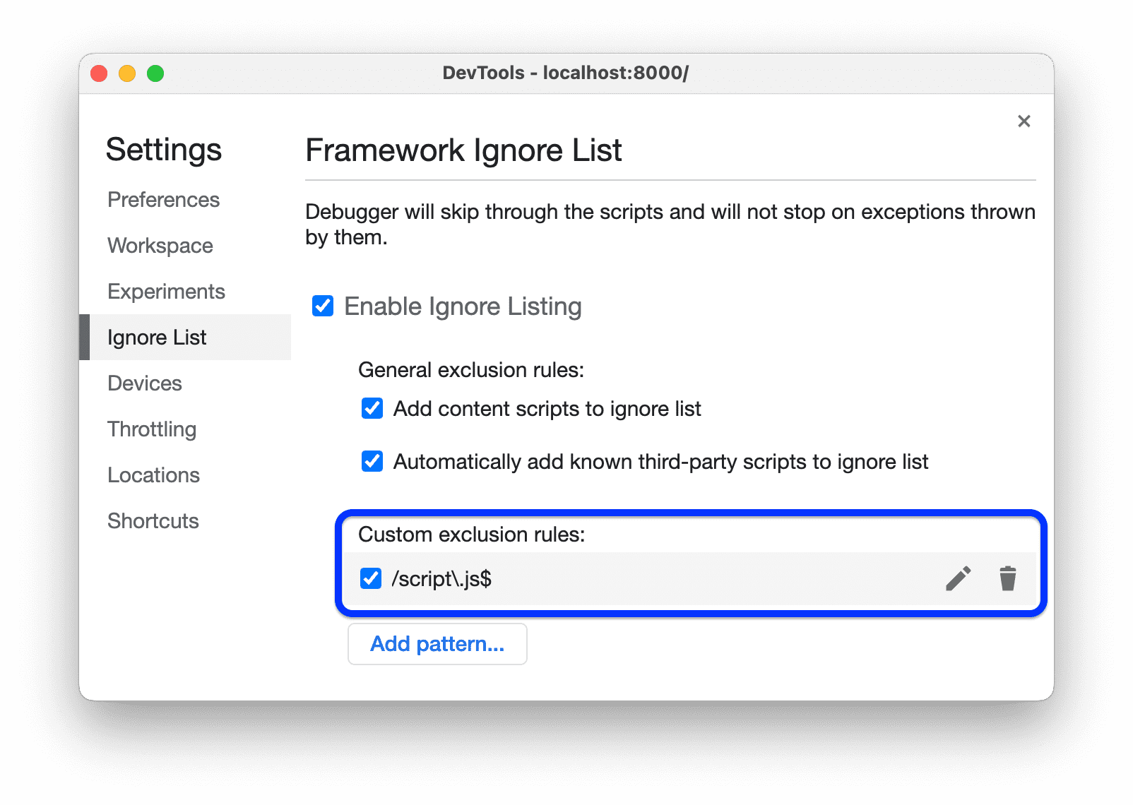 A custom ignore list with a pattern or script names enabled.