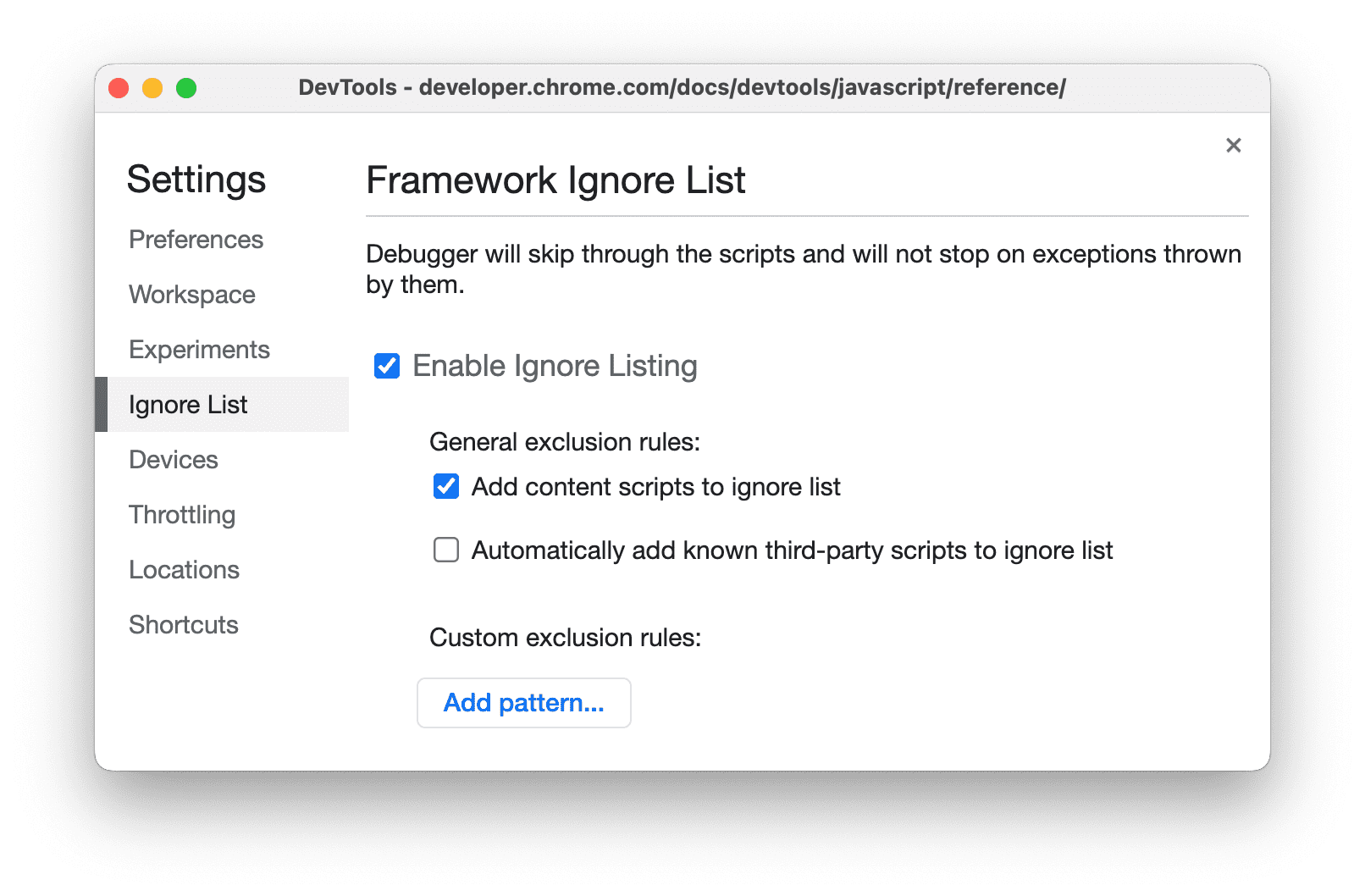 Impostazioni DevTools per ignorare il codice delle estensioni.