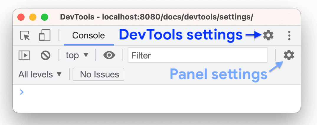 最上方的動作列上的一般 DevTools 設定，以及面板動作列上的面板設定。