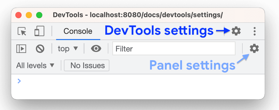 Configuración general de DevTools en la barra de acciones superior y configuración del panel en la barra de acciones del panel.