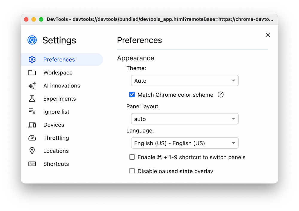 The Settings panel.