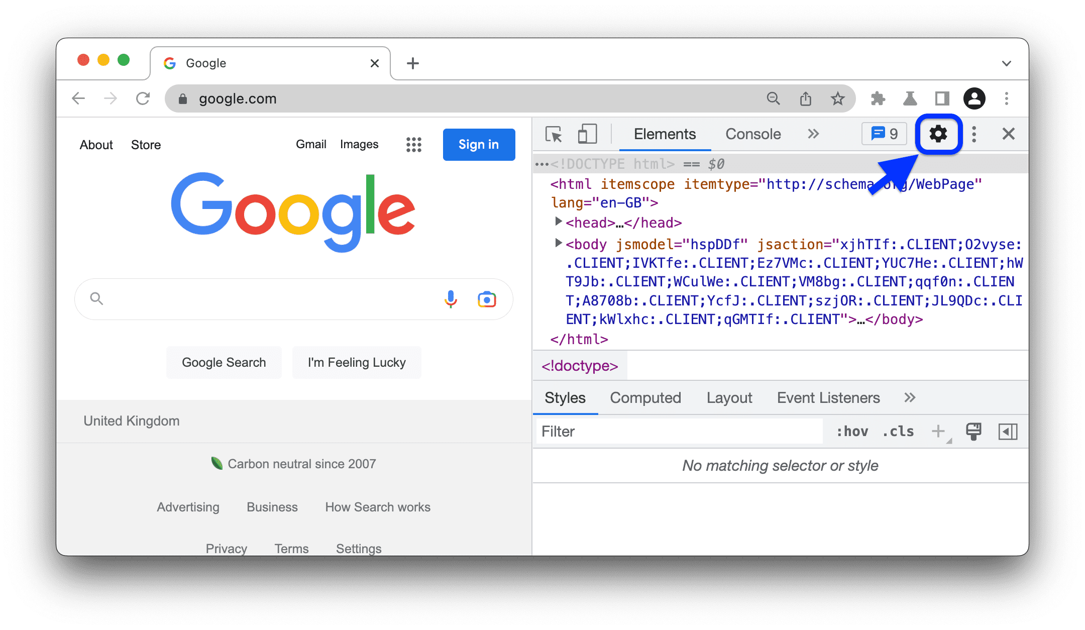 DevTools の上部にあるアクションバーの [Settings] ボタン。