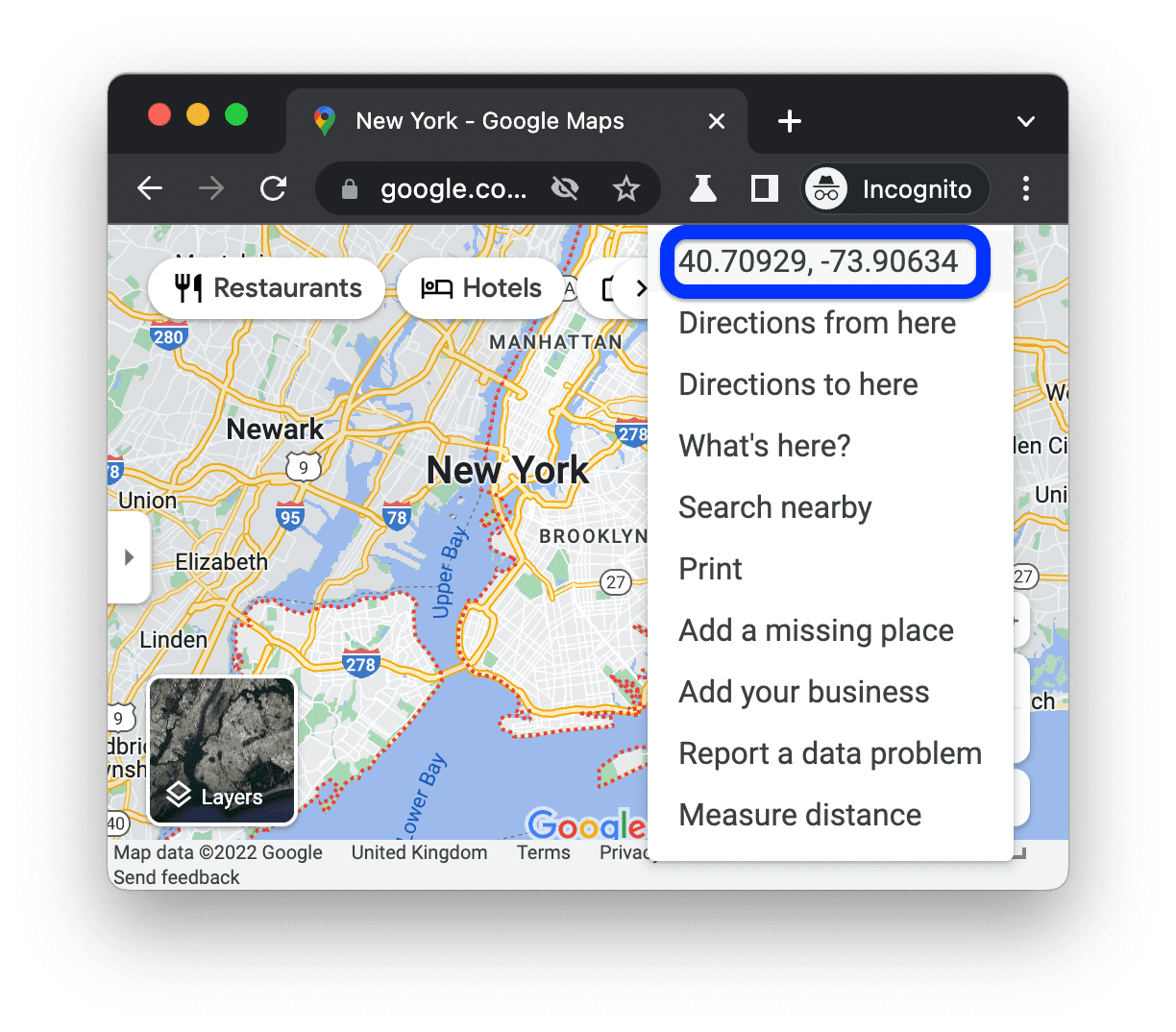 Coordonnées de New York sur Google Maps.