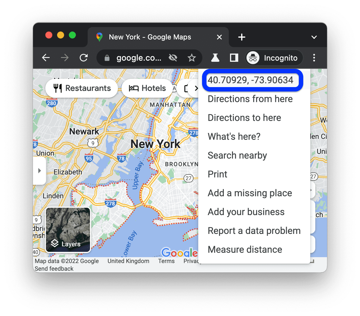 Google 地图上纽约坐标。
