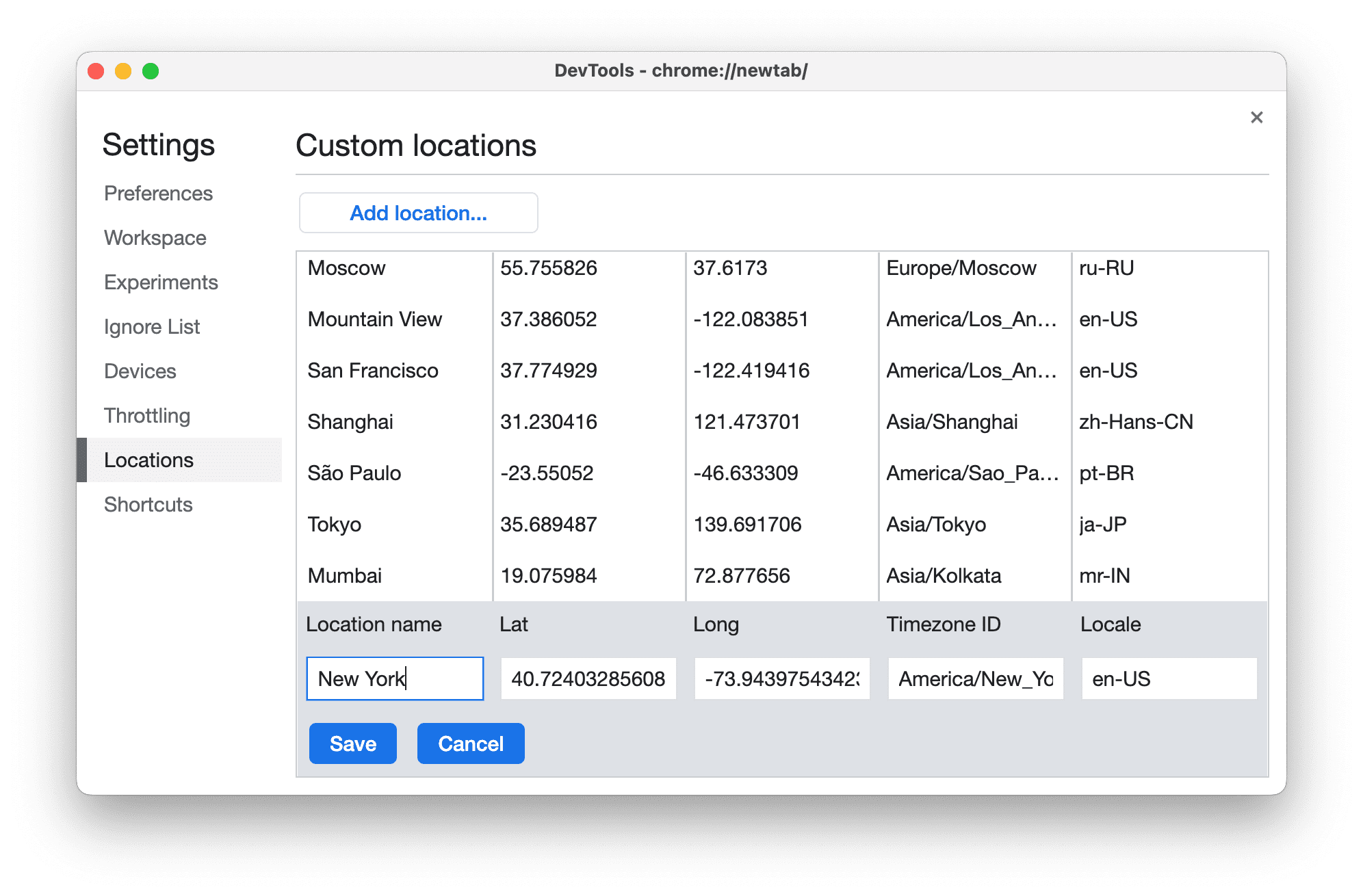 Specifying values for a new entry in the Locations list.