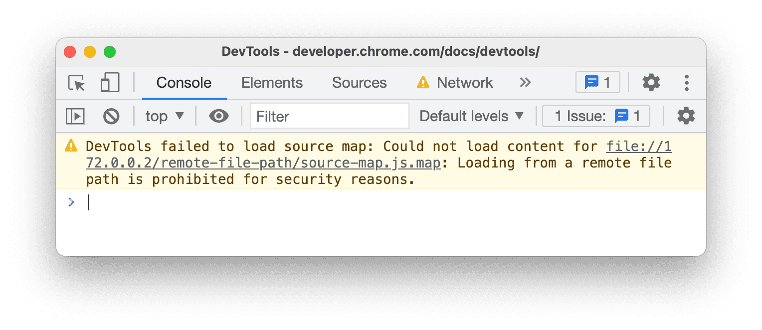 보안상의 이유로 원격 파일 경로에서 로드하는 것이 금지된다는 내용의 콘솔 메시지