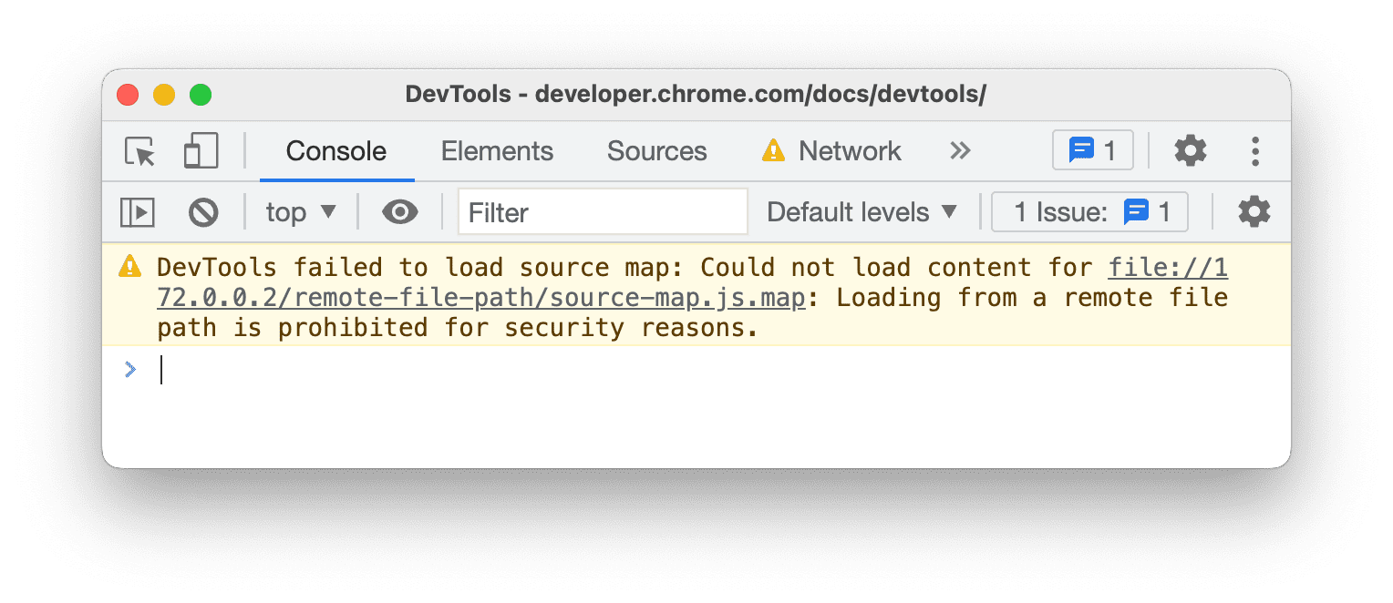 A message in the Console informing that loading from a remote file path is prohibited for security reasons.