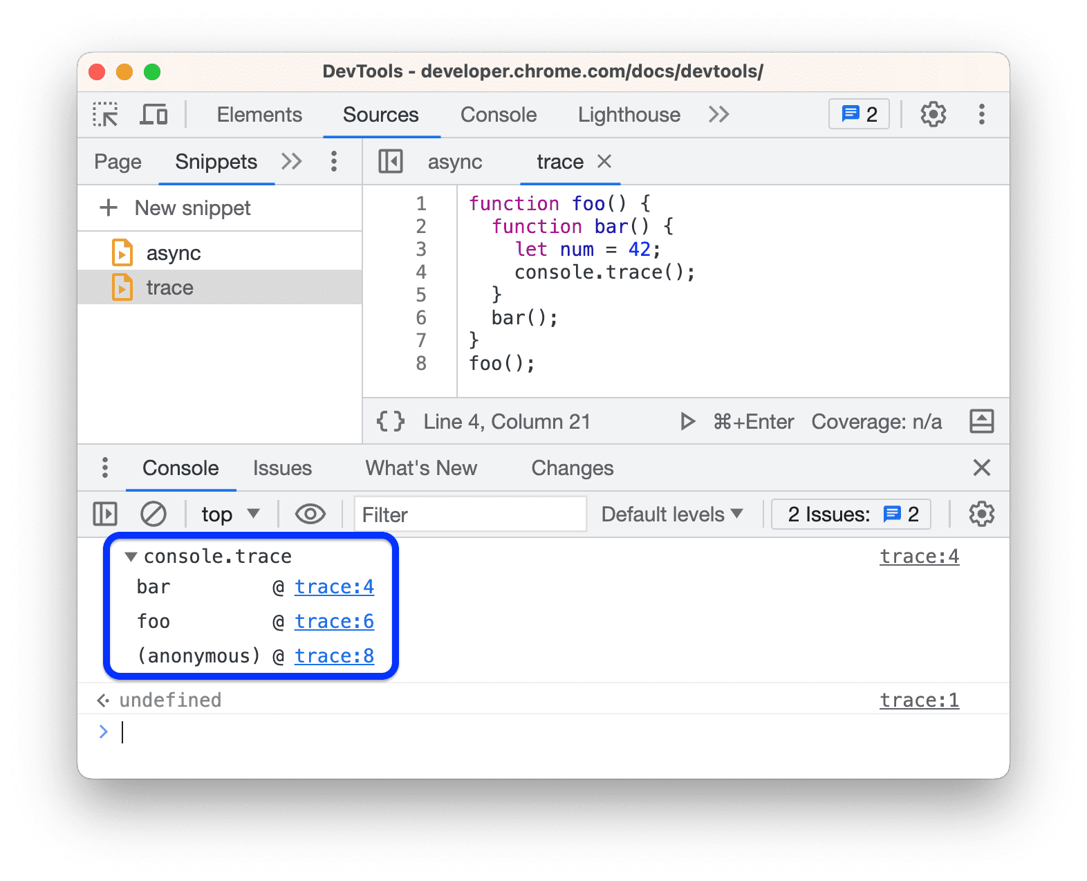 הודעה מורחבת Console.trace() במסוף.