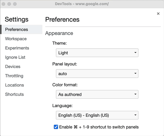 Das DevTools-Design kann von der Systemeinstellung in ein dunkles oder helles Design geändert werden.