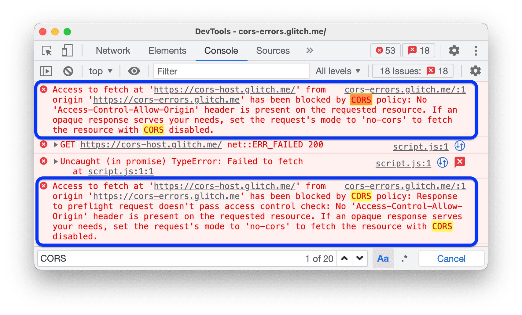 Console shows CORS errors.