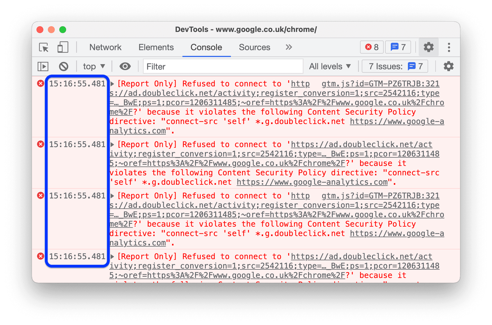 Messages avec horodatage listés dans la console.