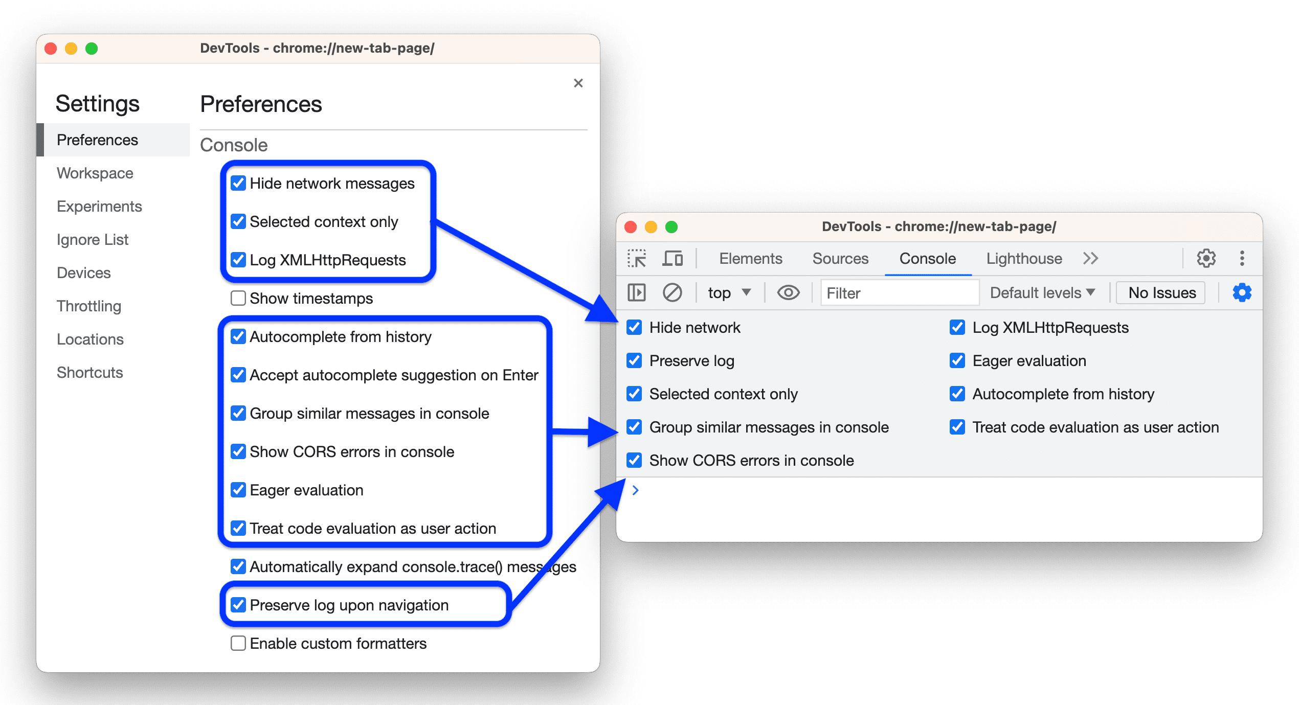 Options similaires dans la console et dans les paramètres.