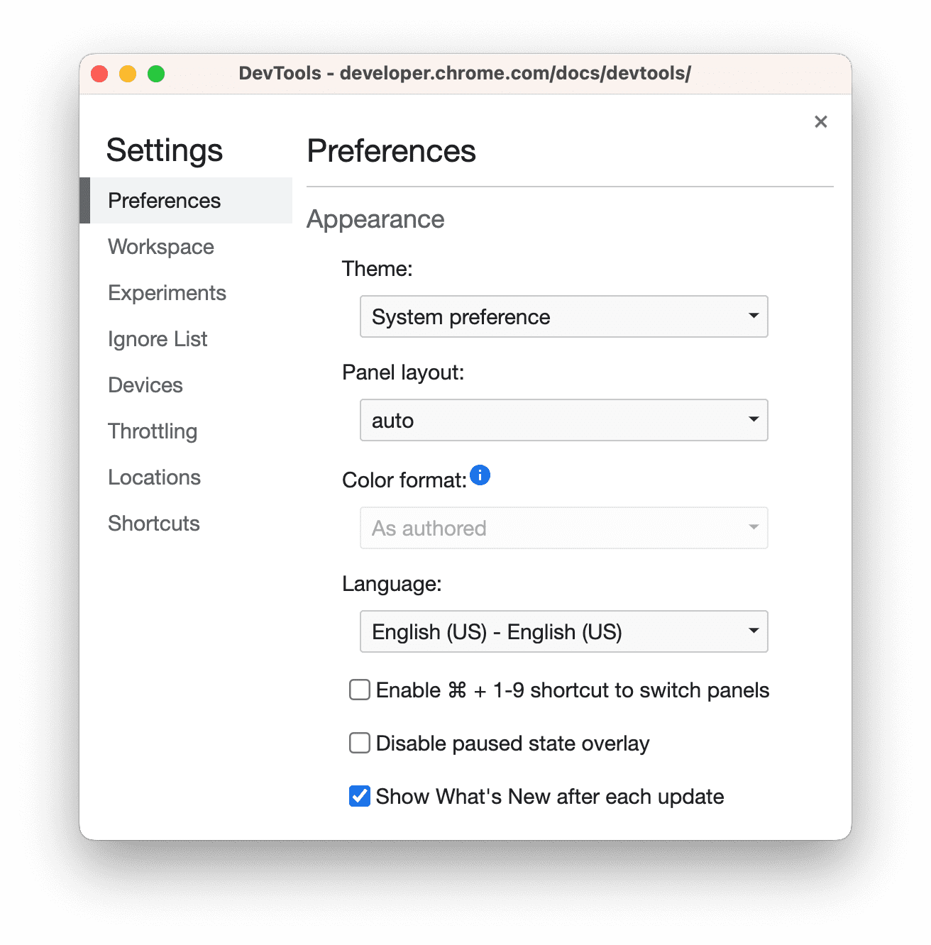 قسمت Appearance در تب Preferences.