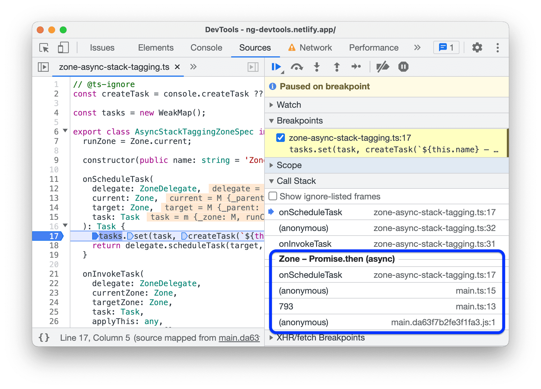 The async operation in the Call Stack.