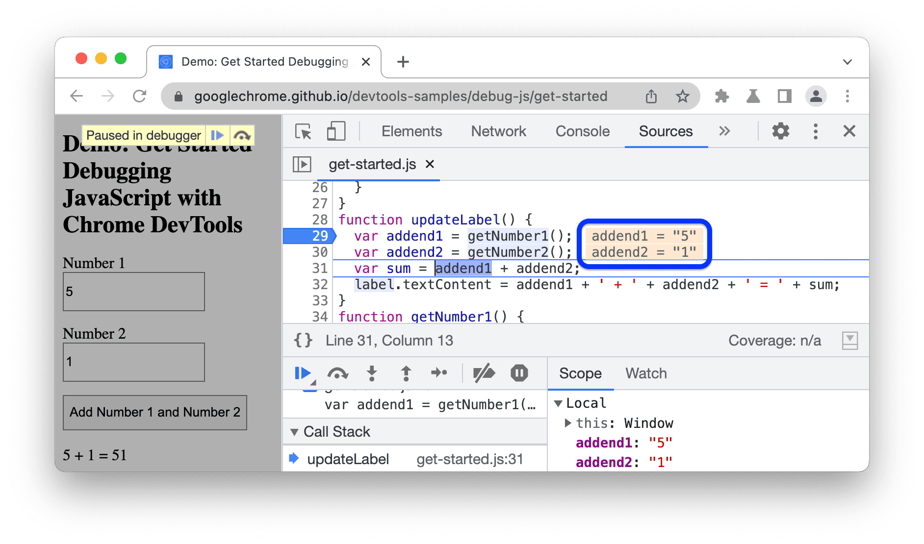 The Debugger paused during function execution displays variable values next to assignment statements.