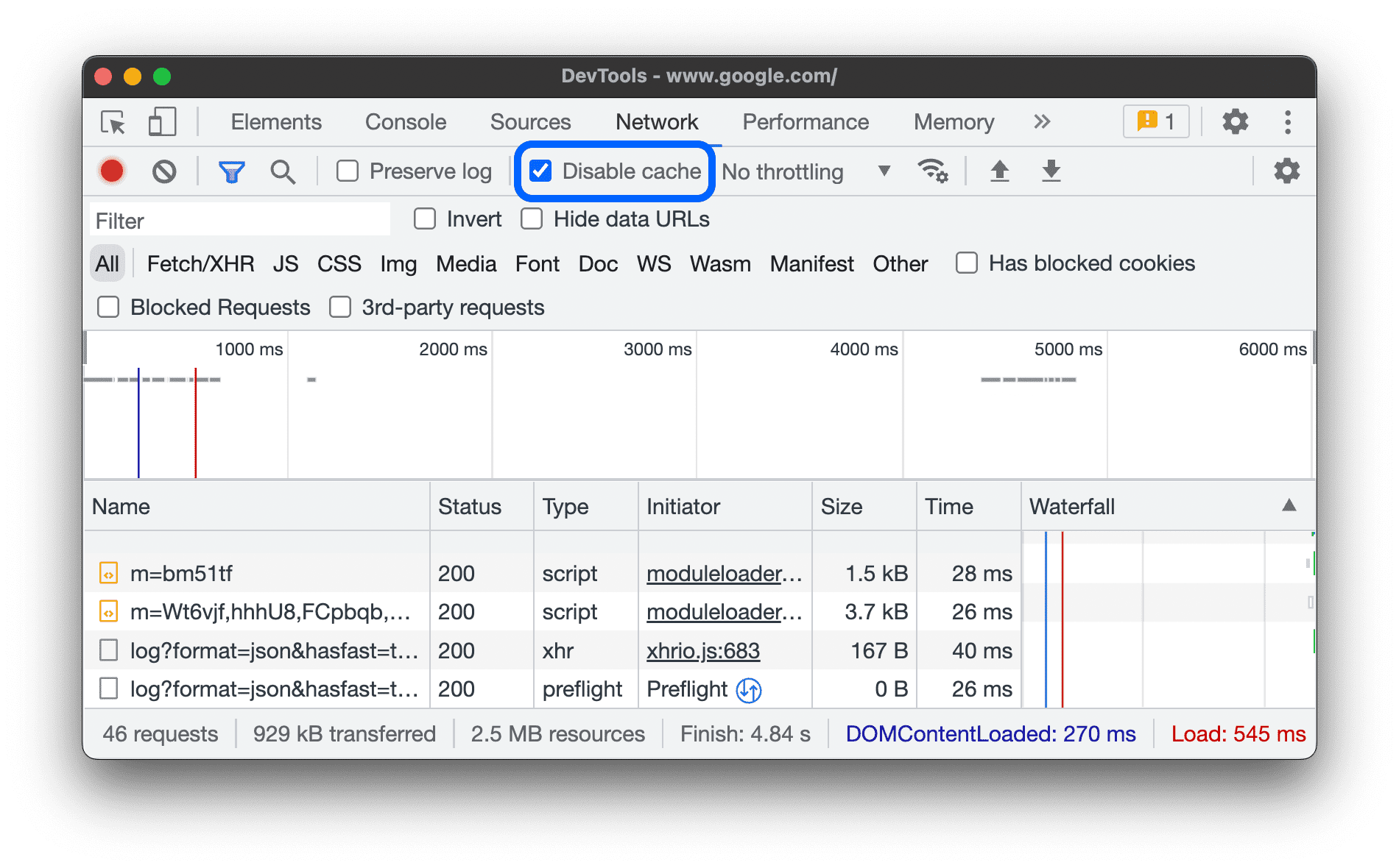 مربع الاختيار Disable Cache (تعطيل ذاكرة التخزين المؤقت).