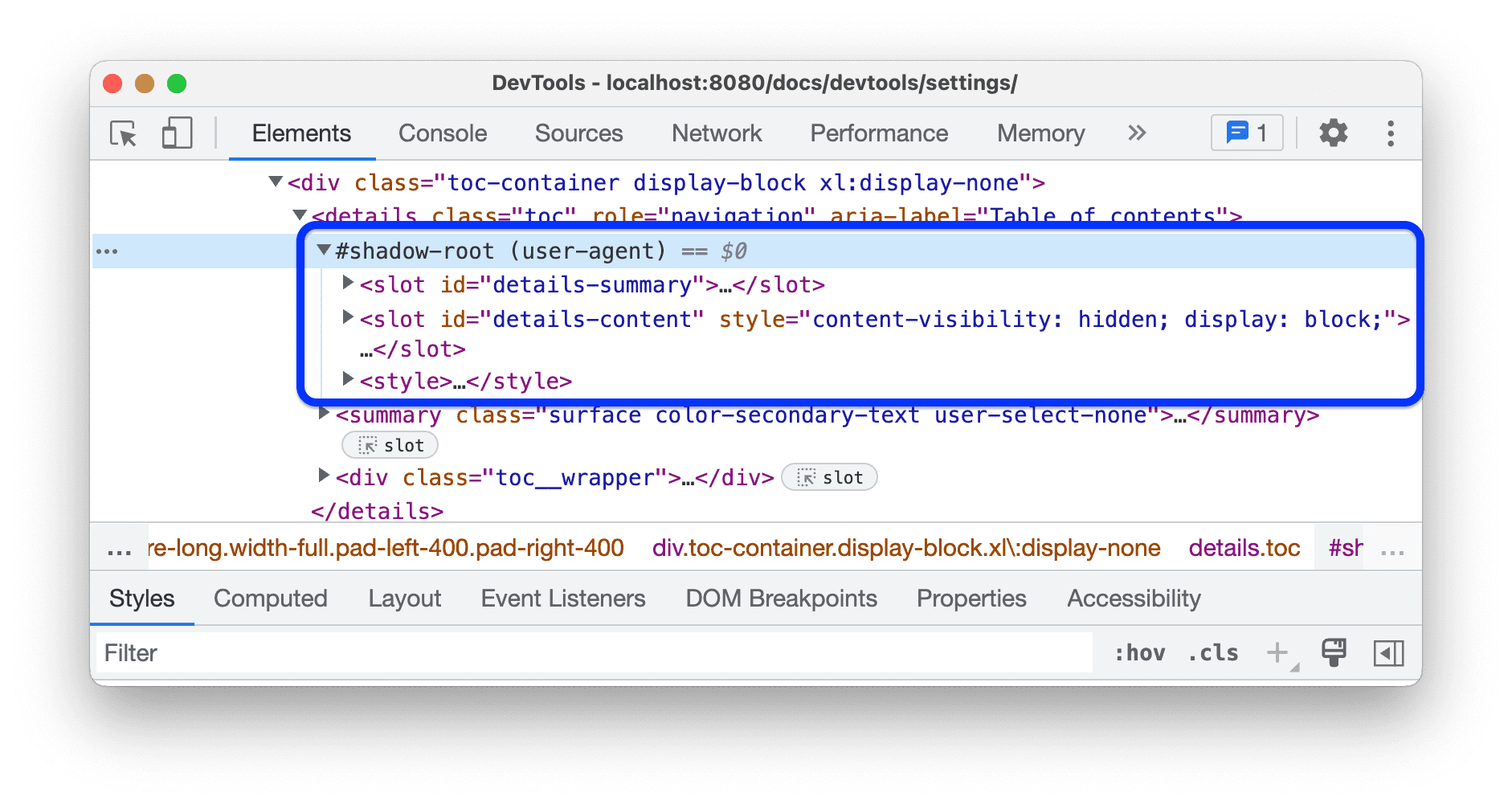 [要素] パネルに Shadow DOM ノードが表示されます。