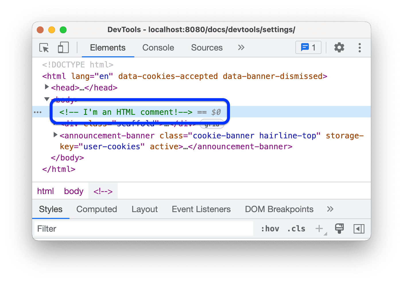 요소 패널에는 HTML 주석이 표시됩니다.