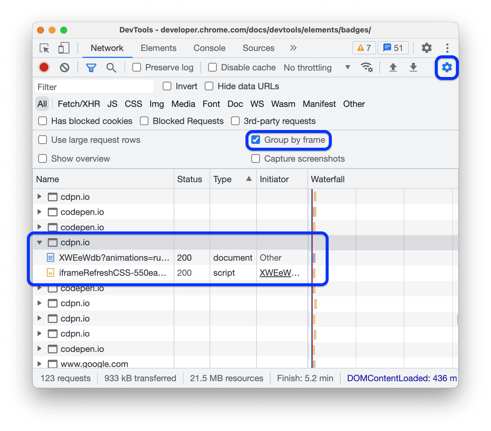 The network request log with requests grouped by inline frames.