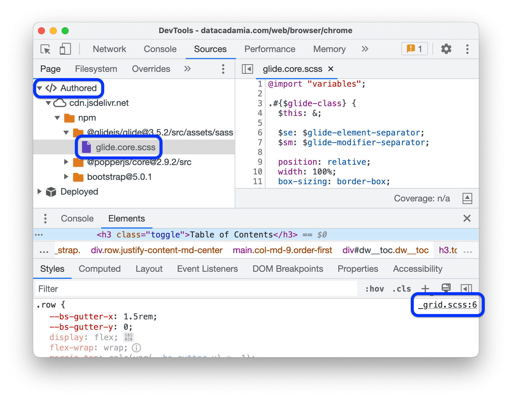 The Sources panel shows .scss files in the Authored section of the navigation tree. The Styles pane in the Elements panel shows links to .scss sources next to CSS rules.