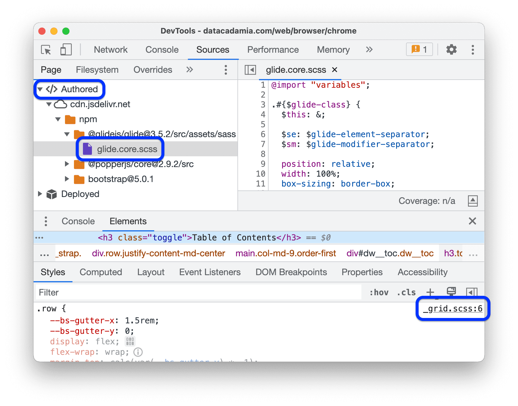 “Sources”面板会在导航树的“已编写”部分显示 .scss 文件。“元素”面板中的“样式”窗格会在 CSS 规则旁显示指向 .scss 来源的链接。