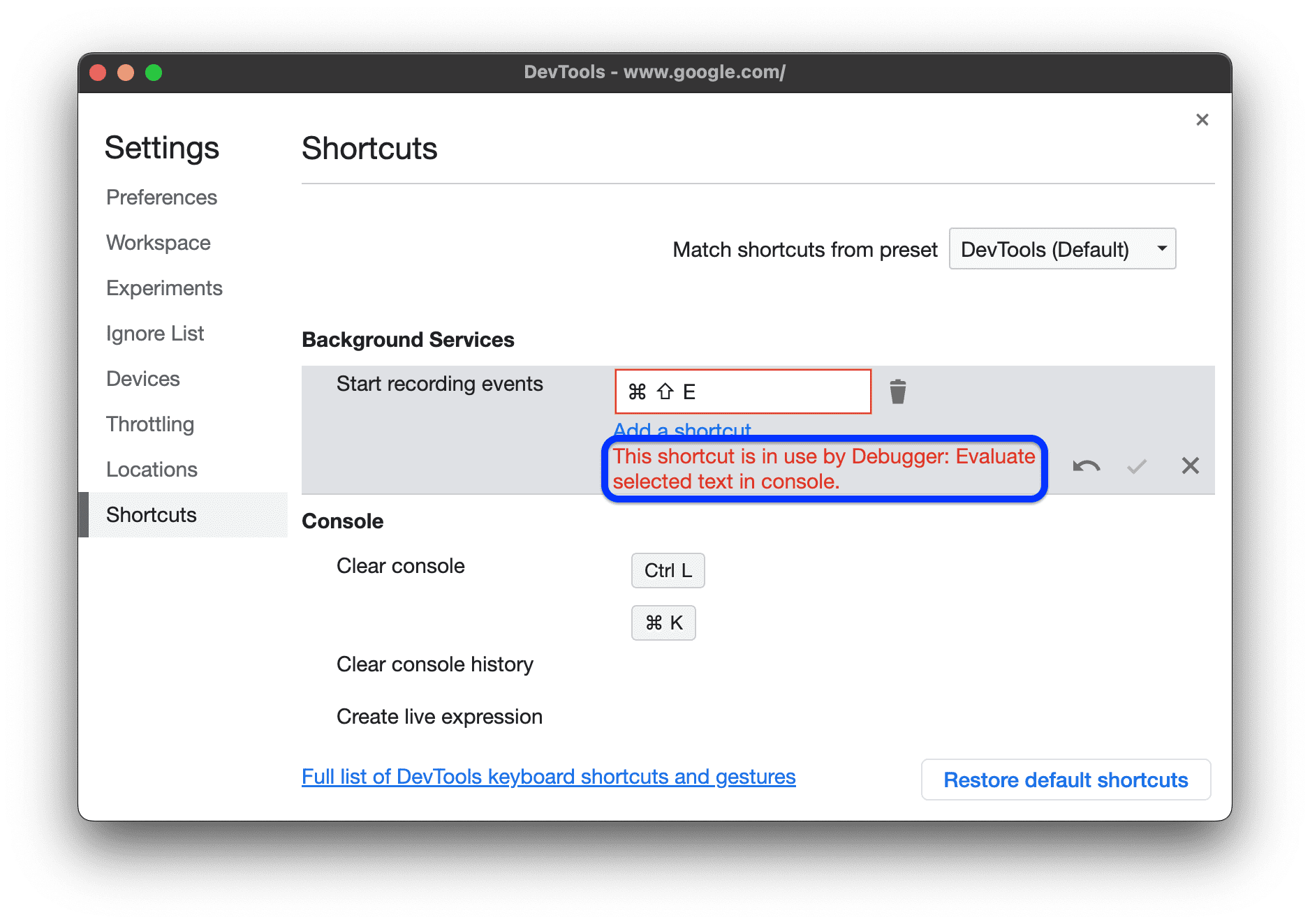 すでに使用されているコード ショートカット。