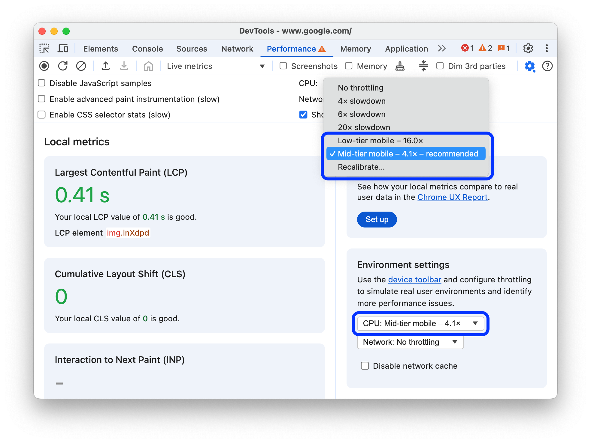 Tarif yang dikalibrasi di menu drop-down di panel Performa.