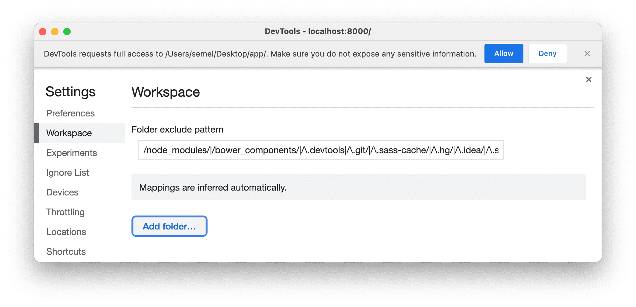 请求对 DevTools 源代码的完整访问权限的提示。